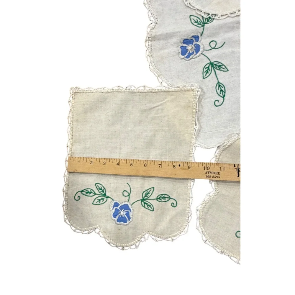Vintage Hand Embroidered Linen Dresser Scarf Doily Set Blue Pansy Floral 8pc